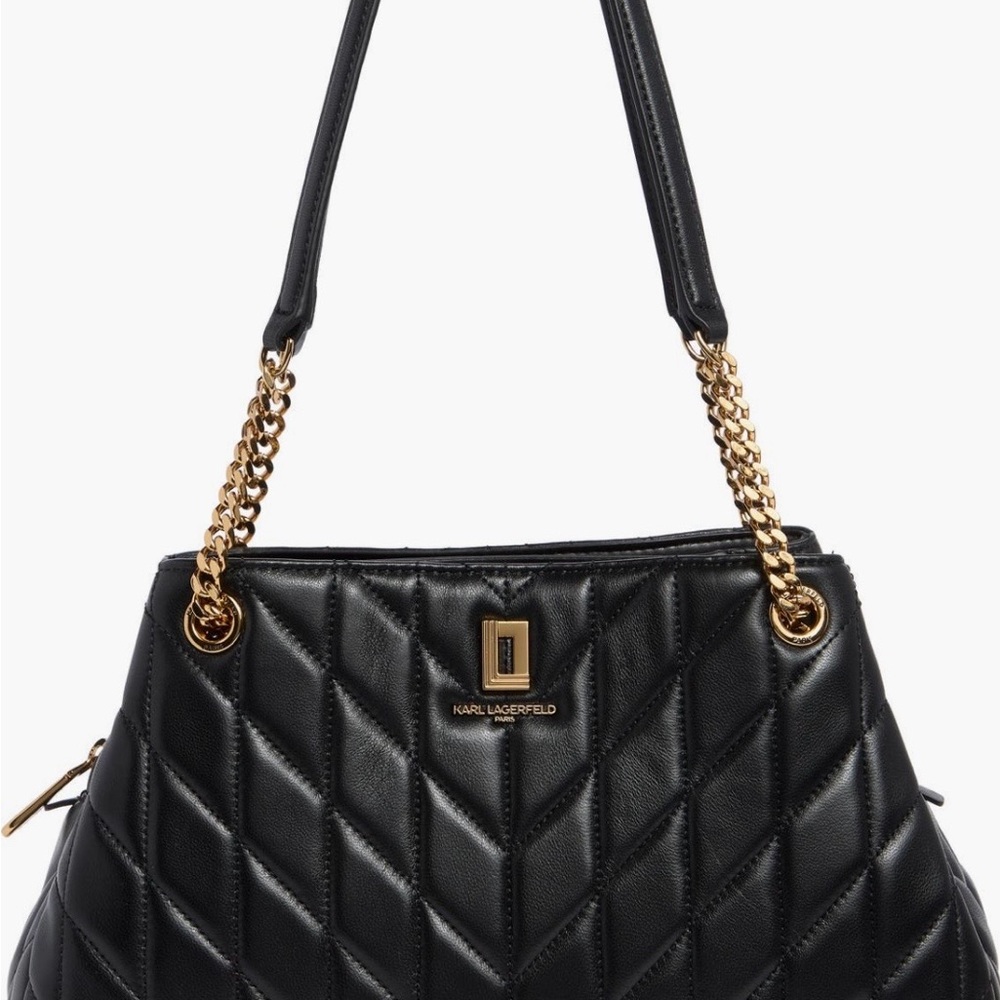 Karl Lagerfeld Black Quilted Shoulder Bag with Gold Chain Detail